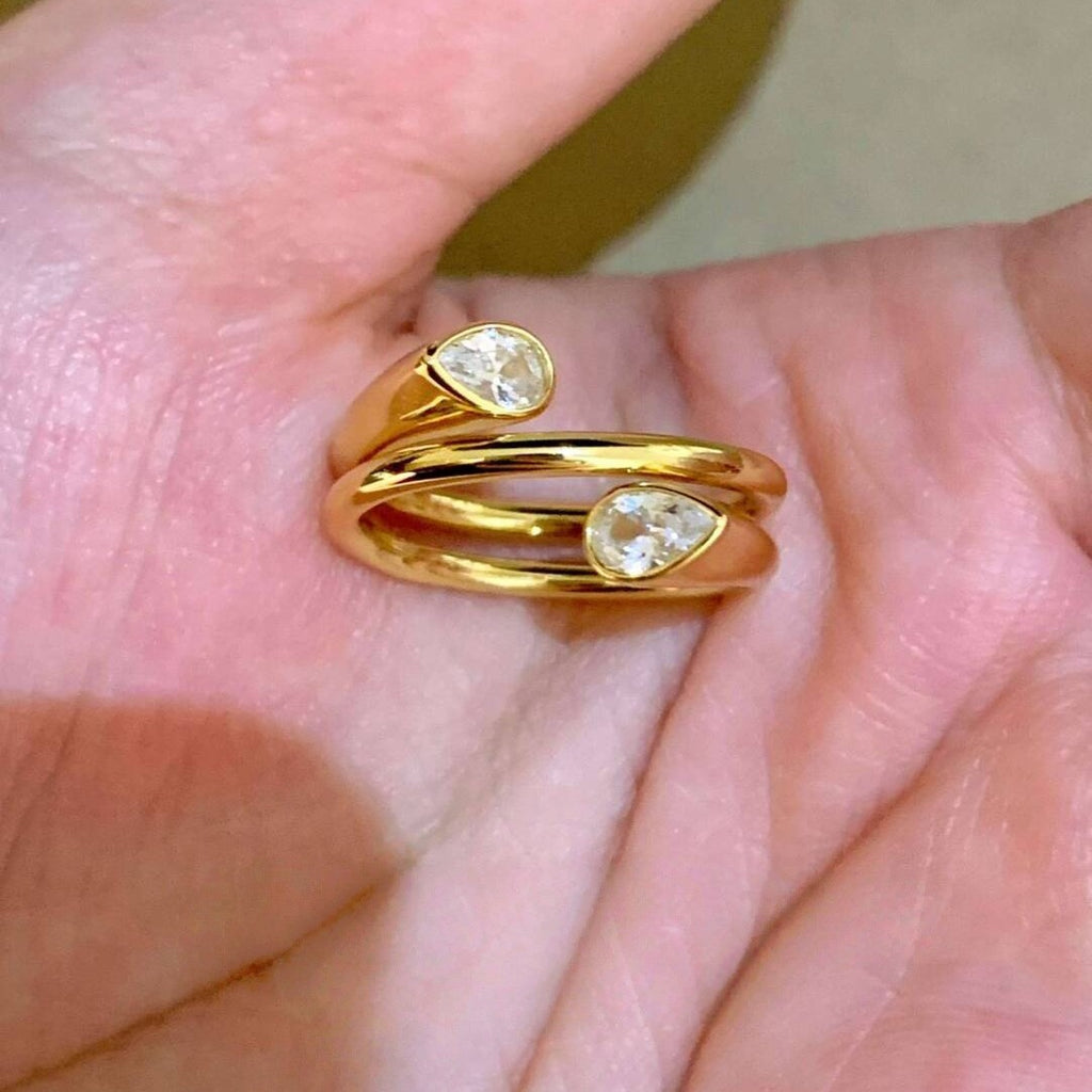 Gold Pear Oval Cubic Zirconia Copper Adjustable Ring For Women Bulk