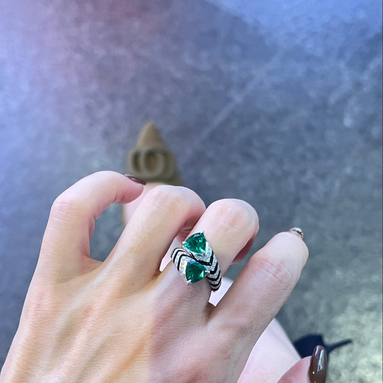 Drop Emerald Green Solitaire Black CZ Silver Anti Tarnish Ring Bulk