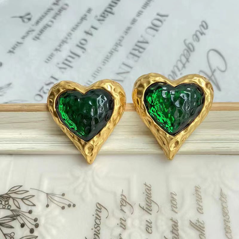Heart Crystal 18K Gold Red Green Anti Tarnish Stud Earring Women Bulk