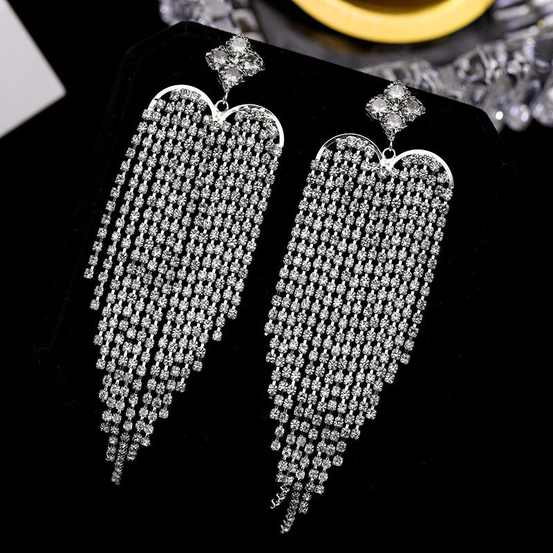 Heart Clover 18K Gold Silver Plated Rhinestones Anti Tarnish Dangler Long Tassel Earrings For Women