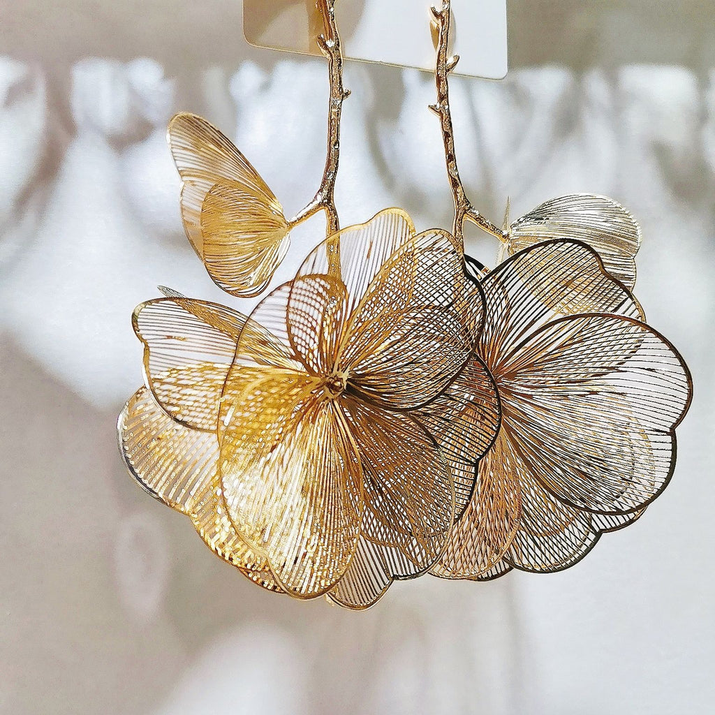Bulk Gold Leaf Flower Gold Plated Alloy Dangler Earrings For Women