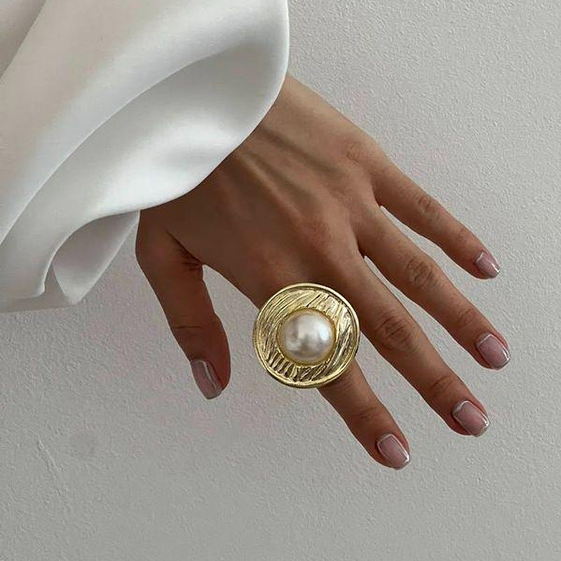 Round Pearl 18K Gold Plated Anti Tarnish Free Size Ring For Women Main image