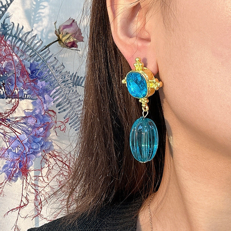 18K Gold Plated Aqua Blue Crystal Drop Dangler Earrings For Women