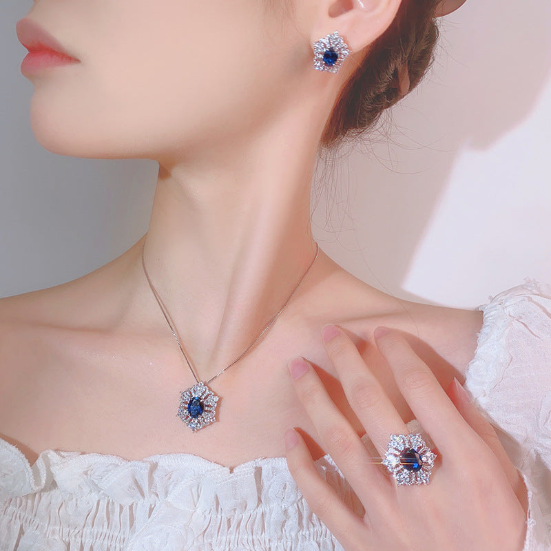 Flower Red Gemstone Silver CZ Necklace Earring Ring Set Bulk