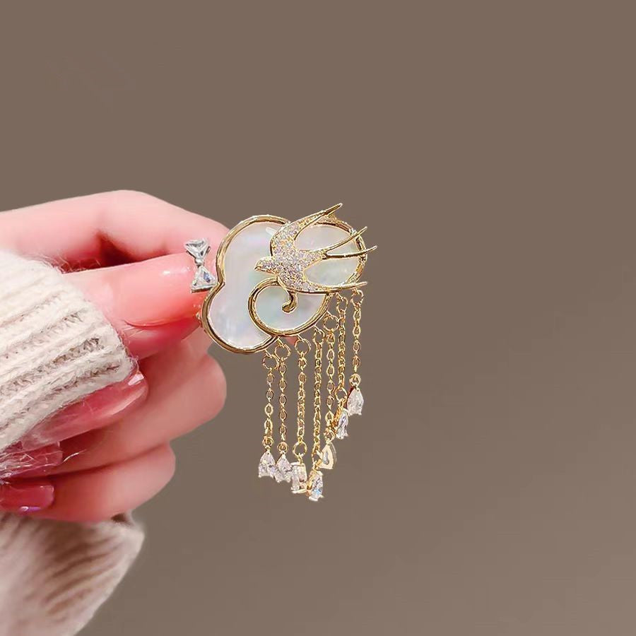White Cloud Bird Rain Gold Plated Enamel Coppe Brooch For Women Bulk