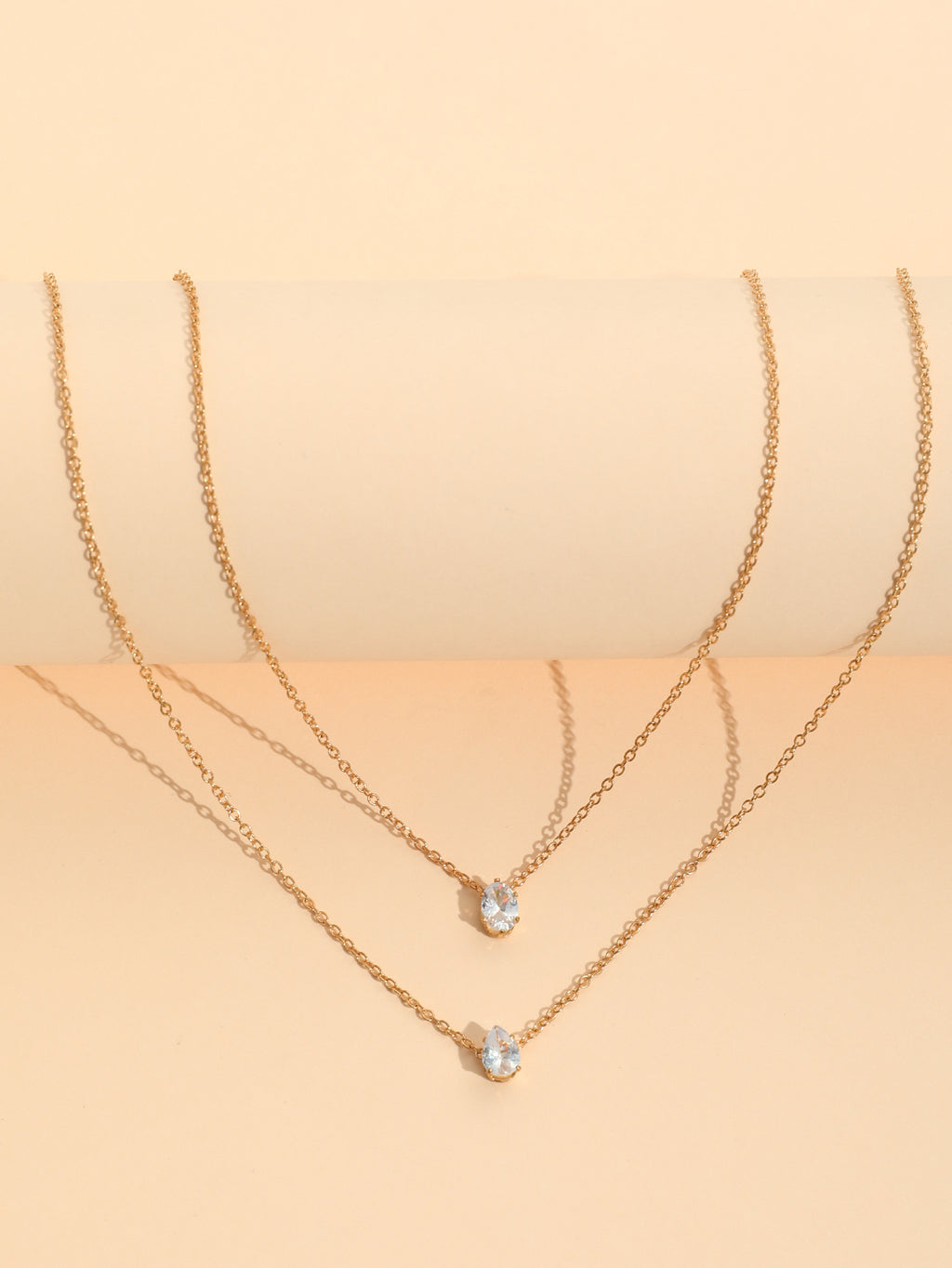 Oval Drop Solitaire 18K Gold Plated Cubic Zirconia Anti Tarnish Dual Layer Chain Necklace For Women