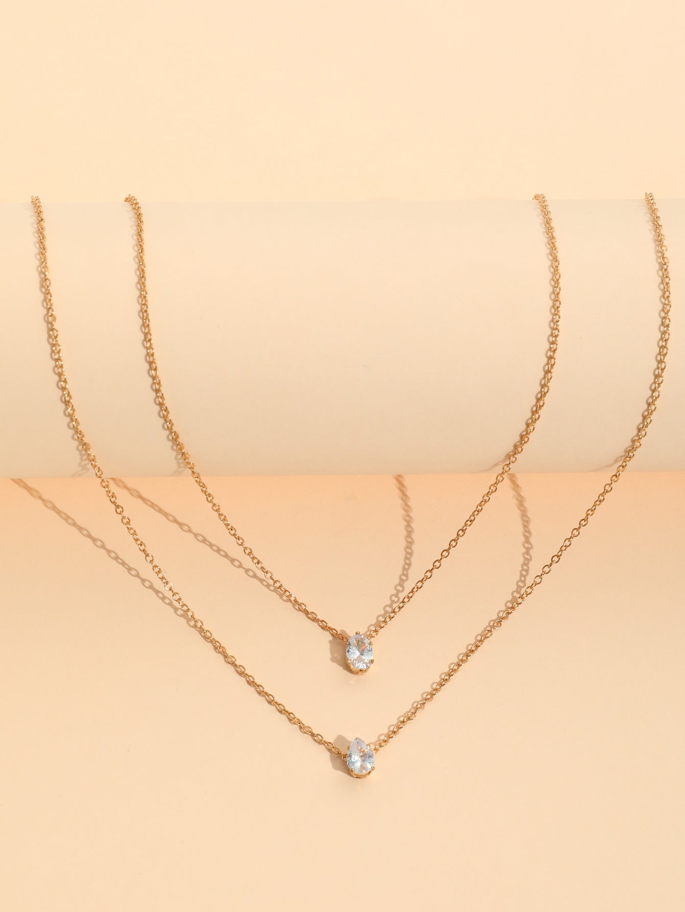 Oval Drop Solitaire 18K Gold Plated Cubic Zirconia Anti Tarnish Dual Layer Chain Necklace For Women