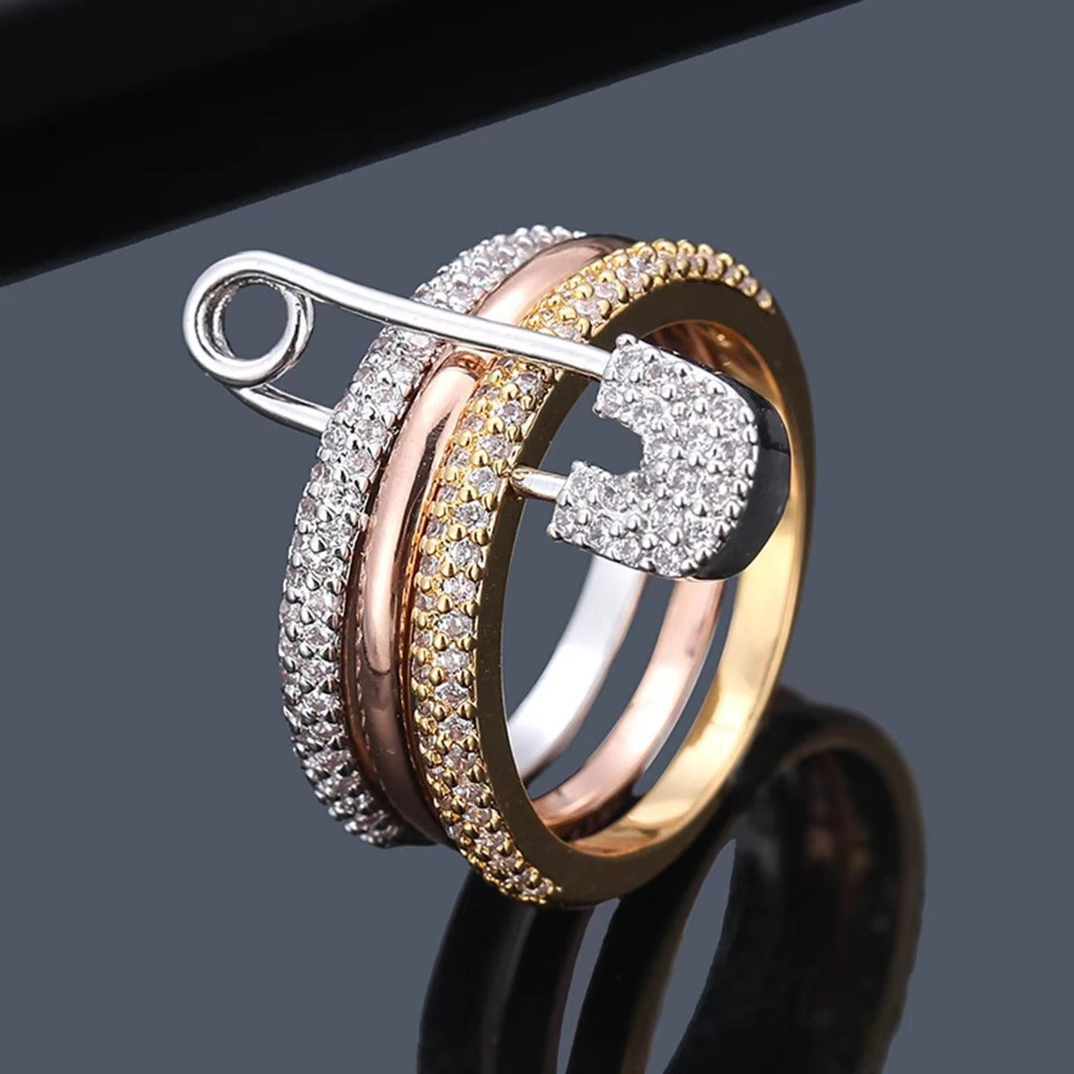 Safety Pin Multi Cubic Zirconia Anti Tarnish Band Ring For Women Bulk Main image