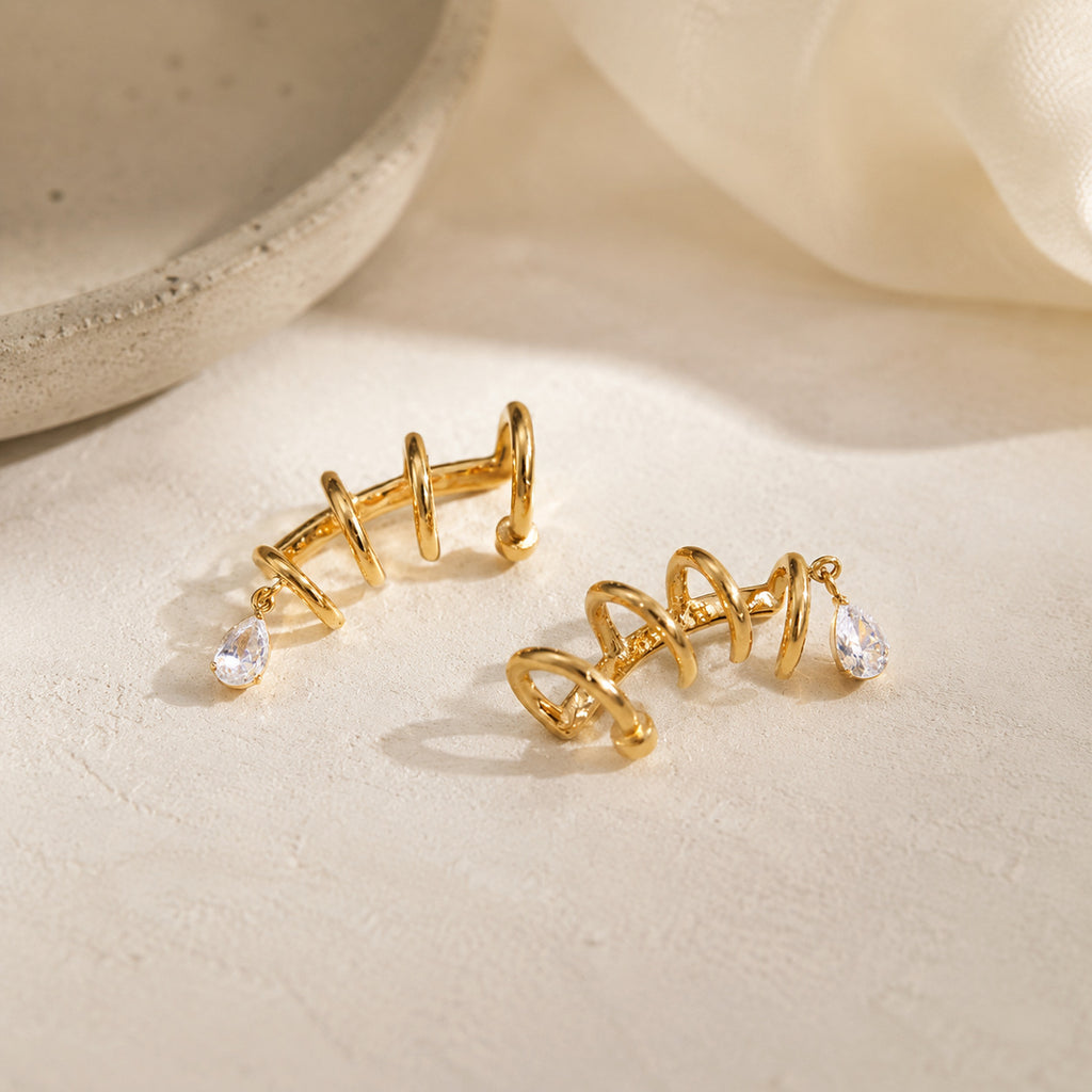 Gold Geometric Spiral CZ Teardrop Stainless Steel Ear Cuff Earrings Bulk