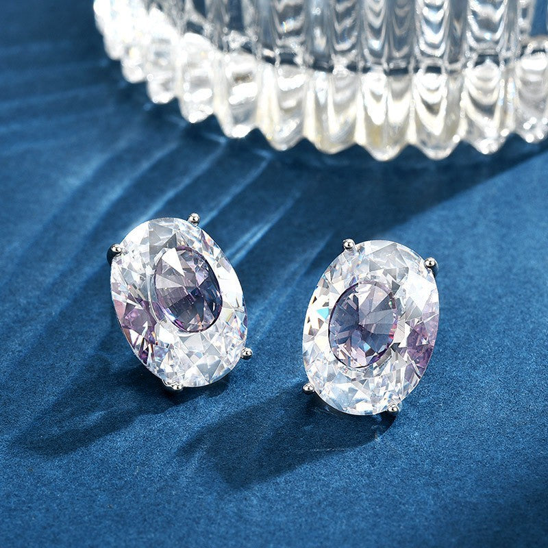 Silver Oval Cubic Zirconia Anti Tarnish Copper Stud Earrings Women Bulk