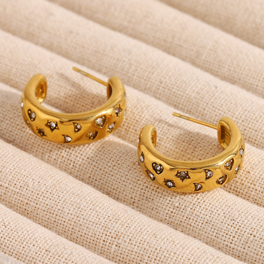 Moon Star Heart 18K Gold CZ Hoop Stainless Steel Earring Bulk