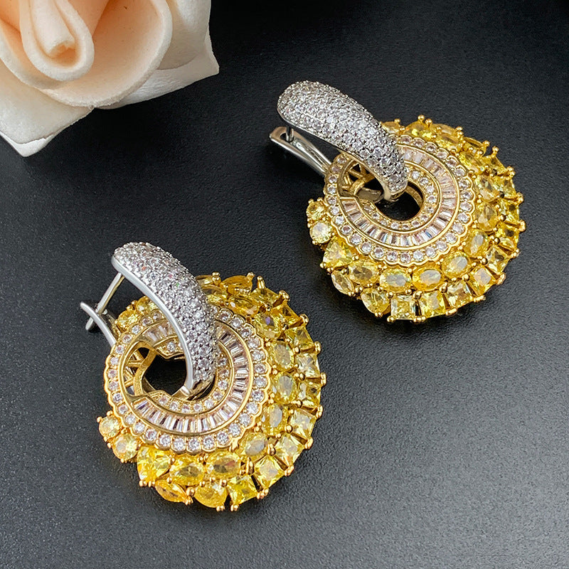 Baguette Yellow Silver Cubic Zirconia Crystal Anti Tarnish Hoop Dangler Earring For Women