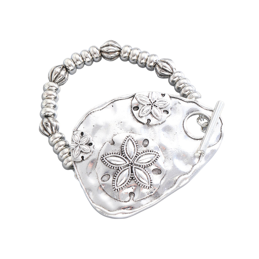 Designer Textured Oval Plate Sand Dollar Charm Silver Bracelet Bulk