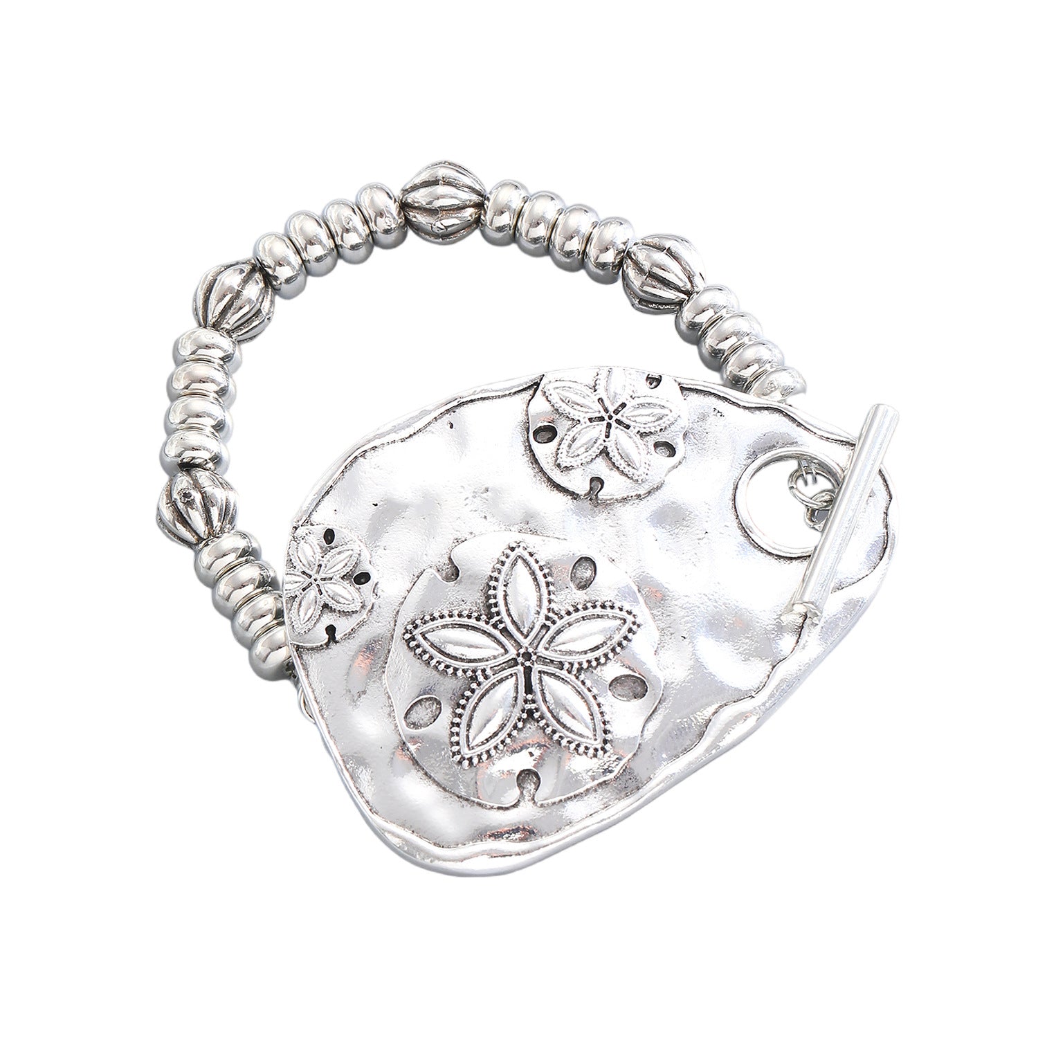Designer Textured Oval Plate Sand Dollar Charm Silver Bracelet Bulk