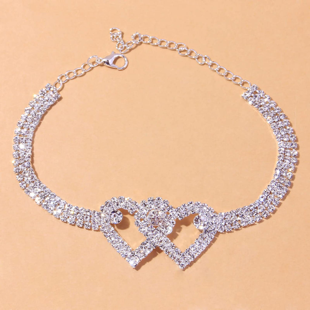 Dual Heart Studded Cubic Zirconia Silver Gold Anti Tarnish Anklet Bulk