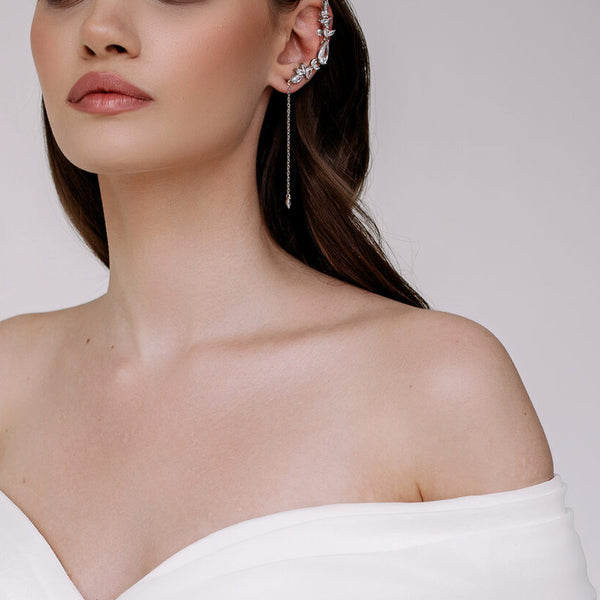 Leaf Rhinestone Dangling Chain Silver Clip On Ear Cuff Earring Bulk Secondary image