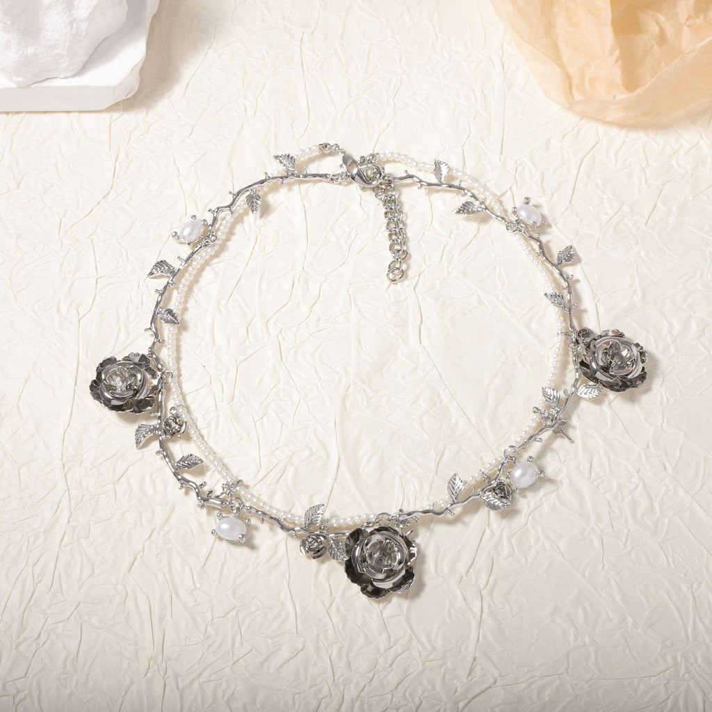 Flower Leaves 18K Gold Silver Pearl Dual Layer Necklace For Women