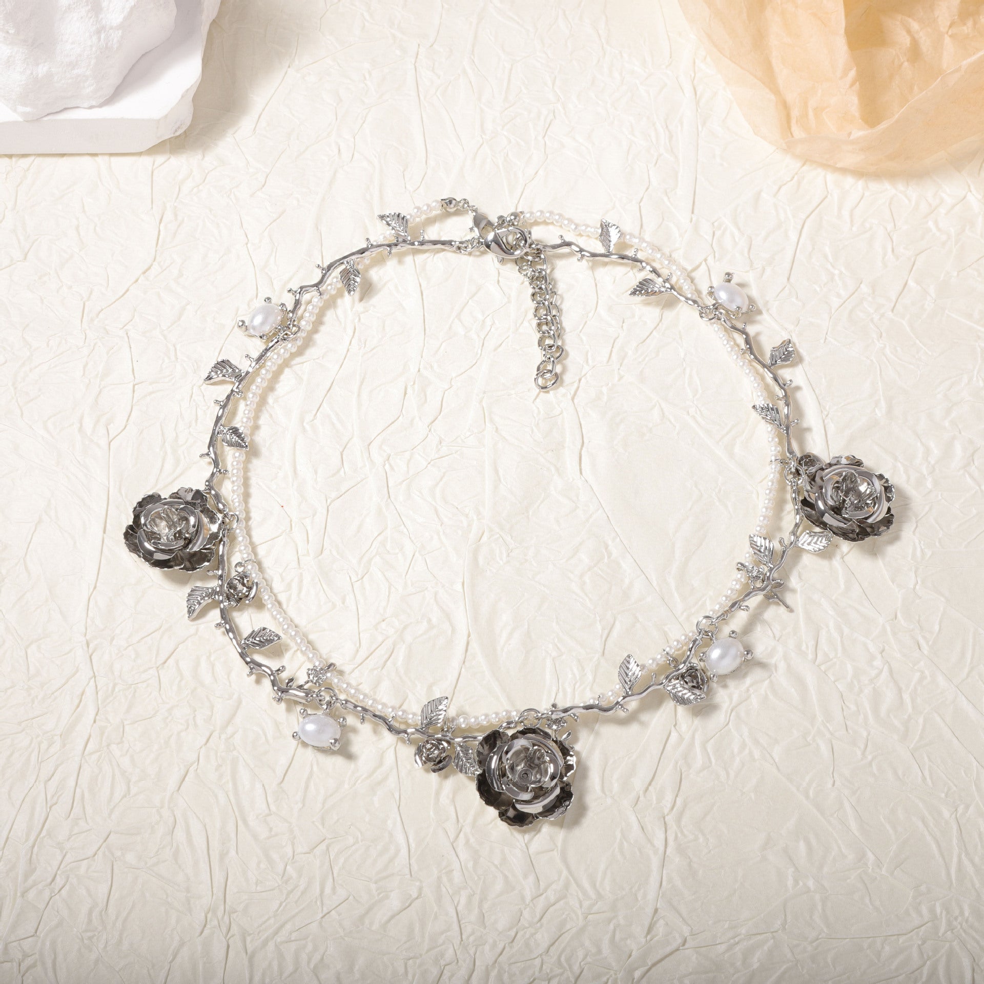 Flower Leaves 18K Gold Silver Pearl Dual Layer Necklace For Women