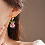 Drop Leaf Solitaire Crystal Pink Orange Anti Tarnish Necklace Earring Set For Women