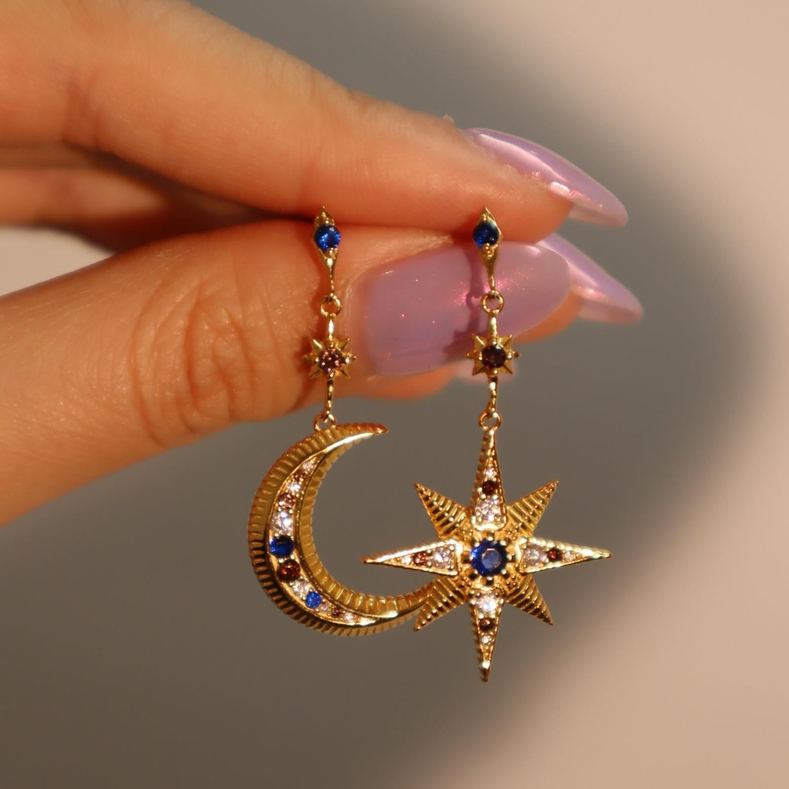 Star Moon 18K Gold CZ Anti Tarnish Dangler Hoop Earring Bulk Main image