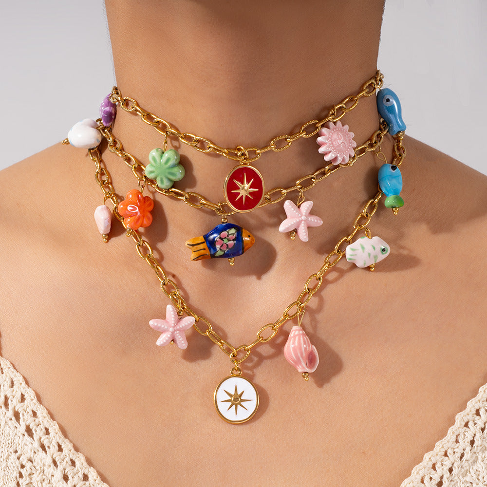Star Sun Fish Flower 18K Gold Stainless Steel Charm Link Chain Necklace For Women
