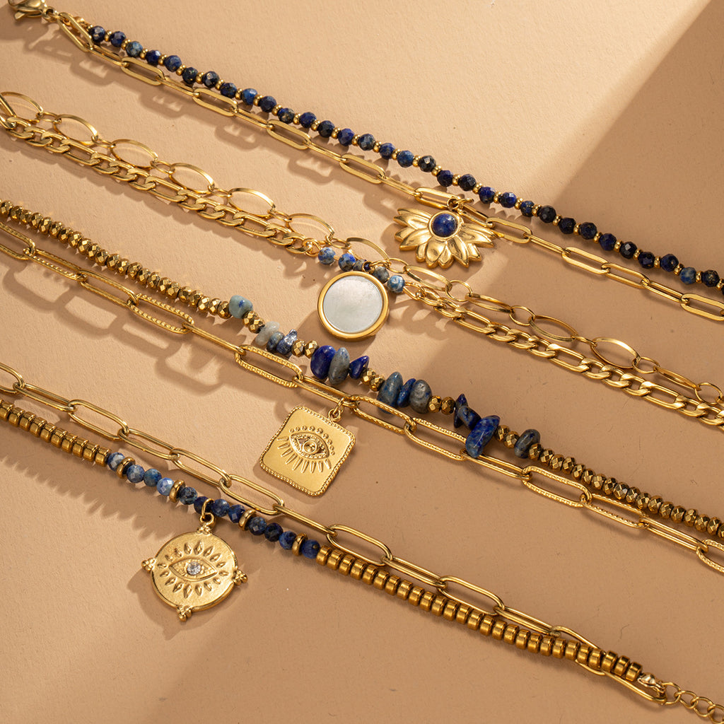 Evil Eye 18K Gold Blue Beads Dual Layer Stainless Steel Anti Tarnish Link Chain Bracelet For Women