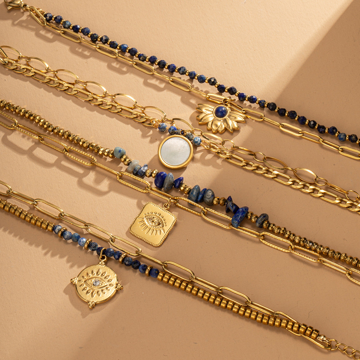 Evil Eye 18K Gold Blue Beads Dual Layer Stainless Steel Anti Tarnish Link Chain Bracelet For Women