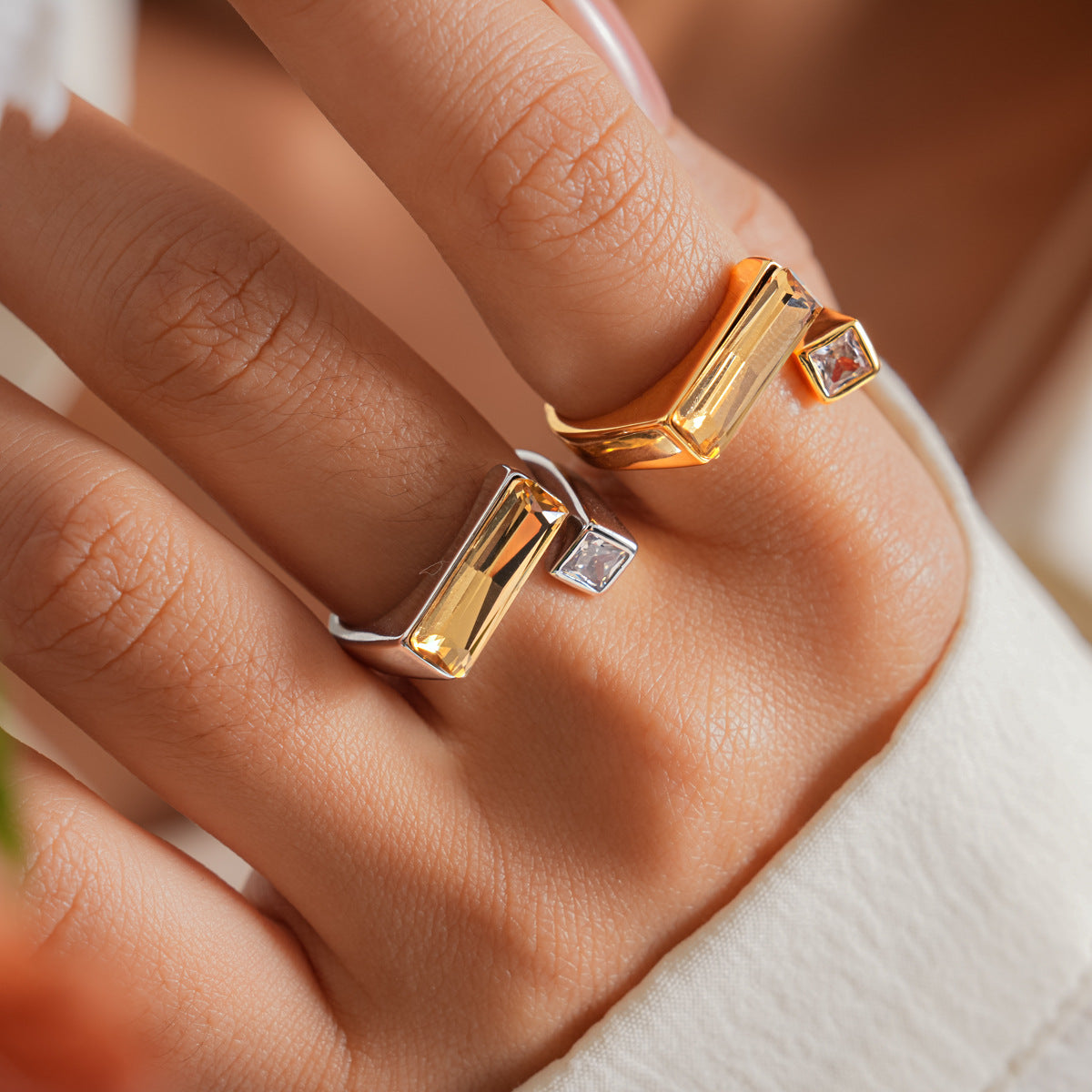 Gold Silver Baguette Crystal Copper Adjustable Ring For Women Main image