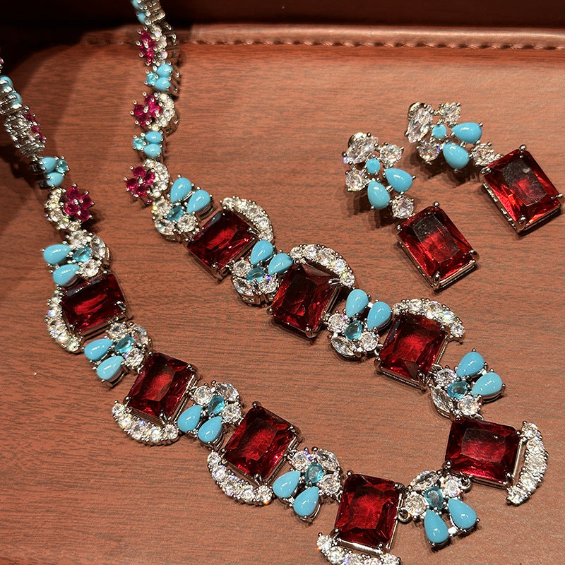 Square CZ Crystal Ruby Red Blue Silver Necklace Earring Set Bulk