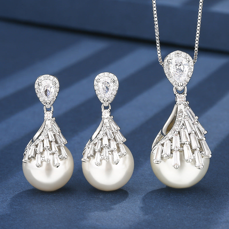 Drop White Silver Pearl Cubic Zirconia Necklace Earring Set Women Bulk Main image