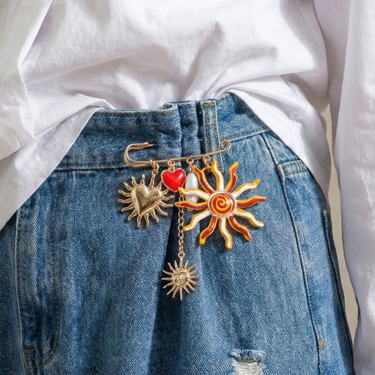 Multi Color Sun,Heart,Pearl,SafetyPin Gold Enamel Brooch For Women Bulk