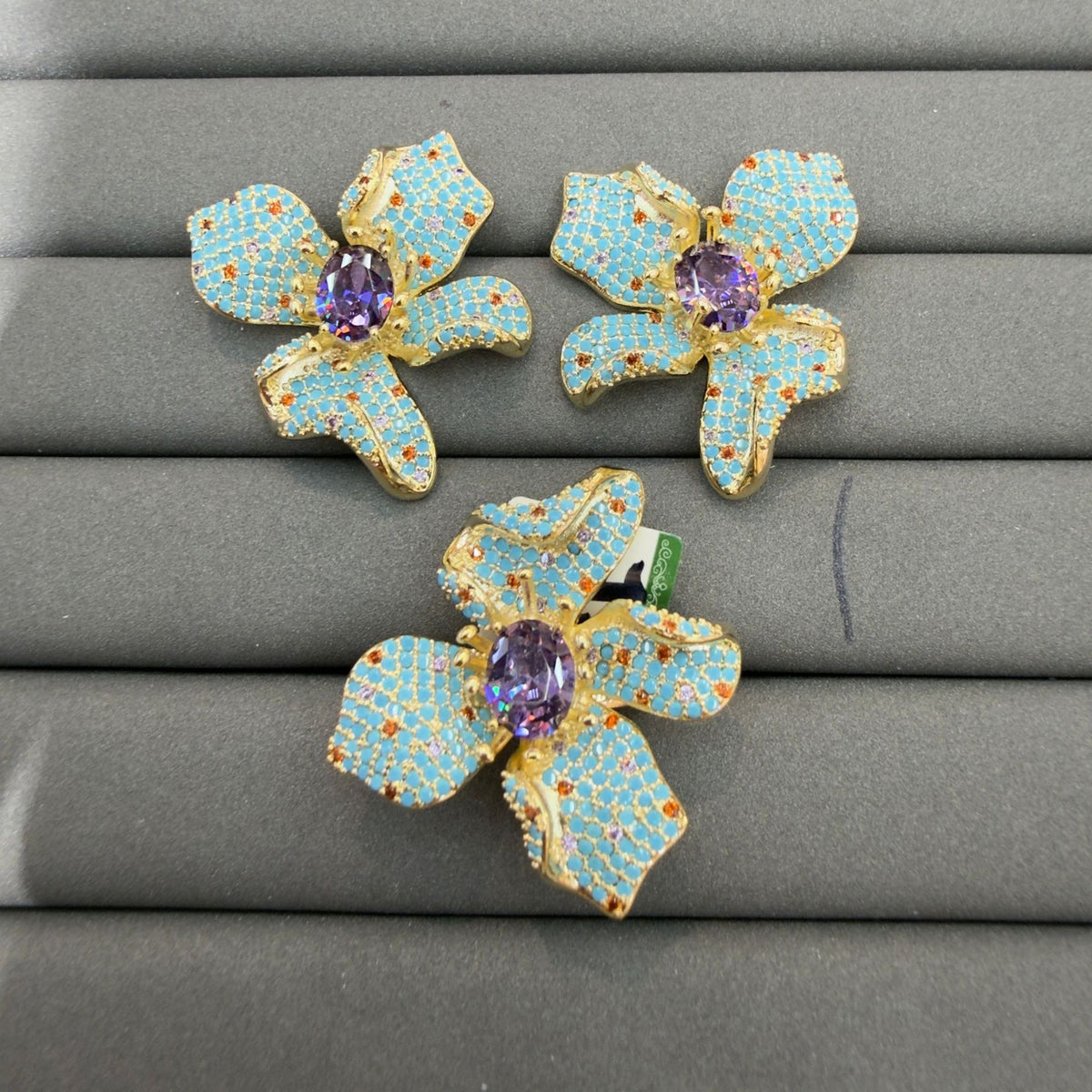 Floral Gold Turquoise Purple CZ Copper Stud Earrings & Ring Set Bulk