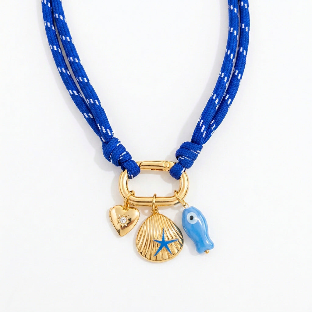 Trendy Coastal Style Blue Enamel Charm Gold Plated Fabric Necklace Bulk