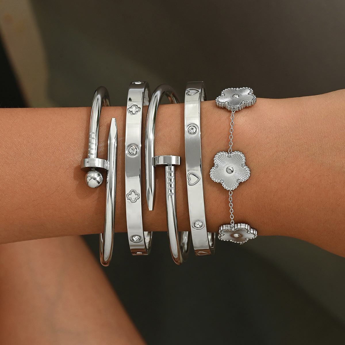 Gold Silver Clover Cubic Zirconia Stainless Steel Bracelet Women Bulk
