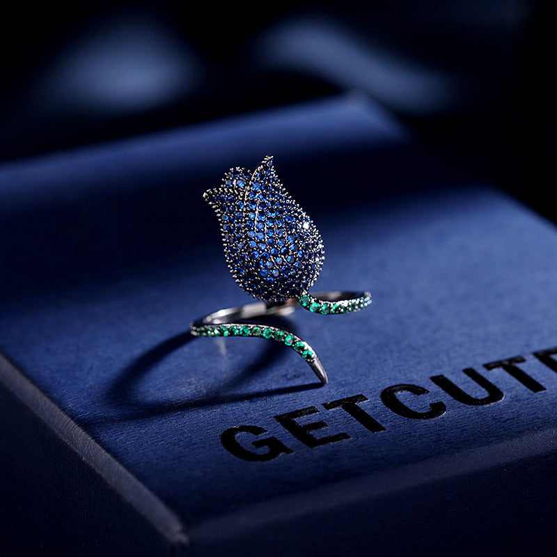 Tulip 18K Gold Plated Blue White Black Purple Sparkling Pave Crystals Anti Tarnished Free Size Ring For Women Main image