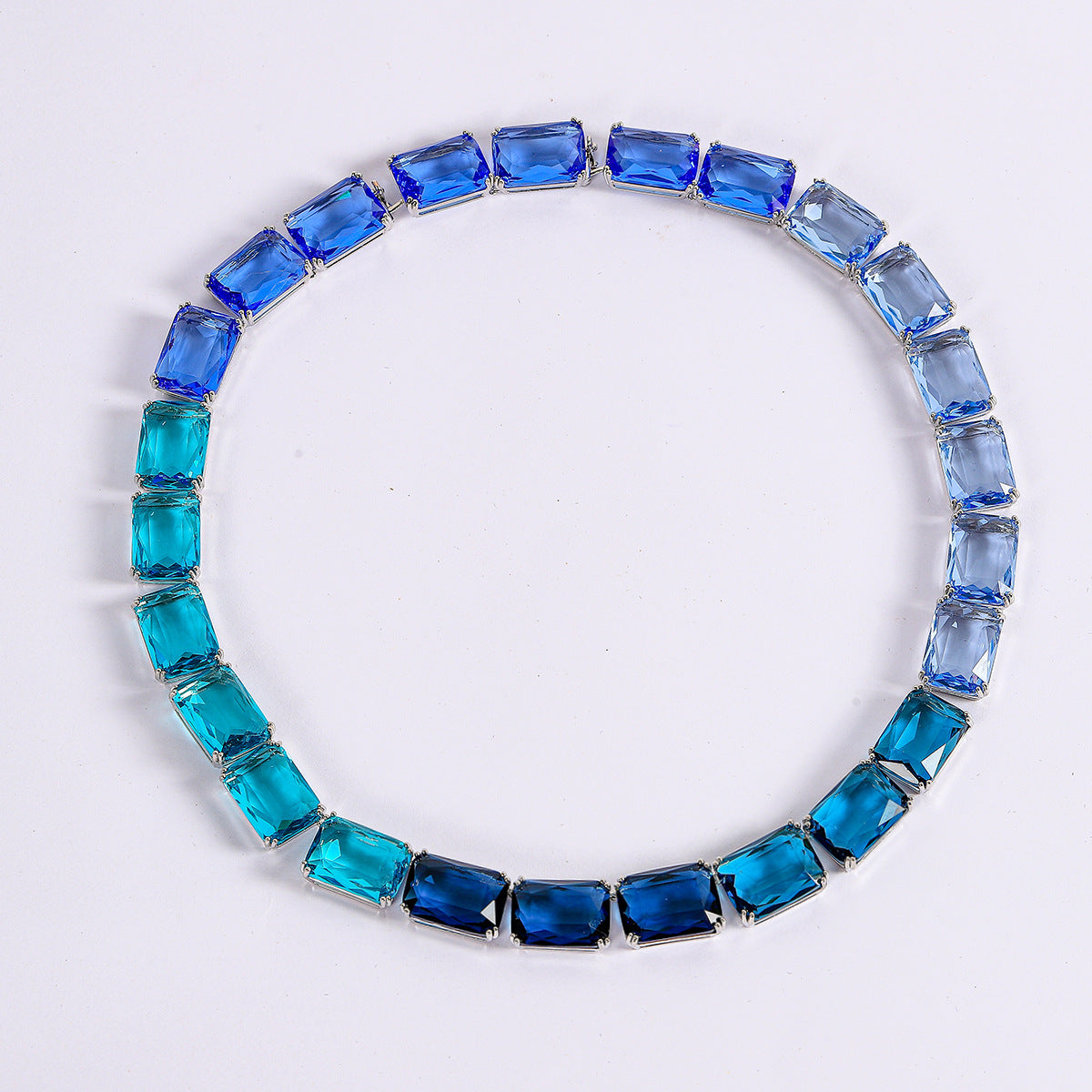 Blue White Rectangular Cut Silver CZ Copper Necklace Earring Set Bulk