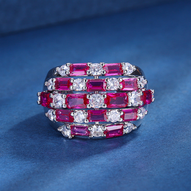 Baguette CZ Crystal Red Blue Silver Anti Tarnish Free Size Ring Bulk