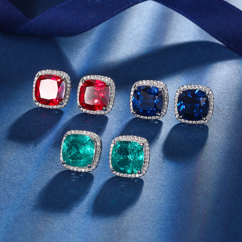 Square Silver Red Green Blue CZ Anti Tarnish Stud Earring Bulk Main image