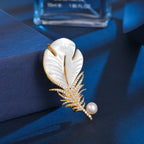 White Feather Gold Cubic Zirconia Copper Brooch For Women Bulk