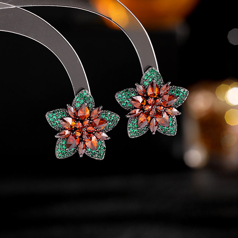 Floral Star Flower Black Green Pink Cubic Zirconia Crystal Anti Tarnish Stud Earring For Women