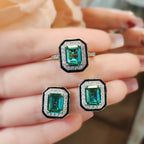 Emerald Green Black Silver Cubic Zirconia Anti Tarnish Pendant Chain Earring Ring Set For Women
