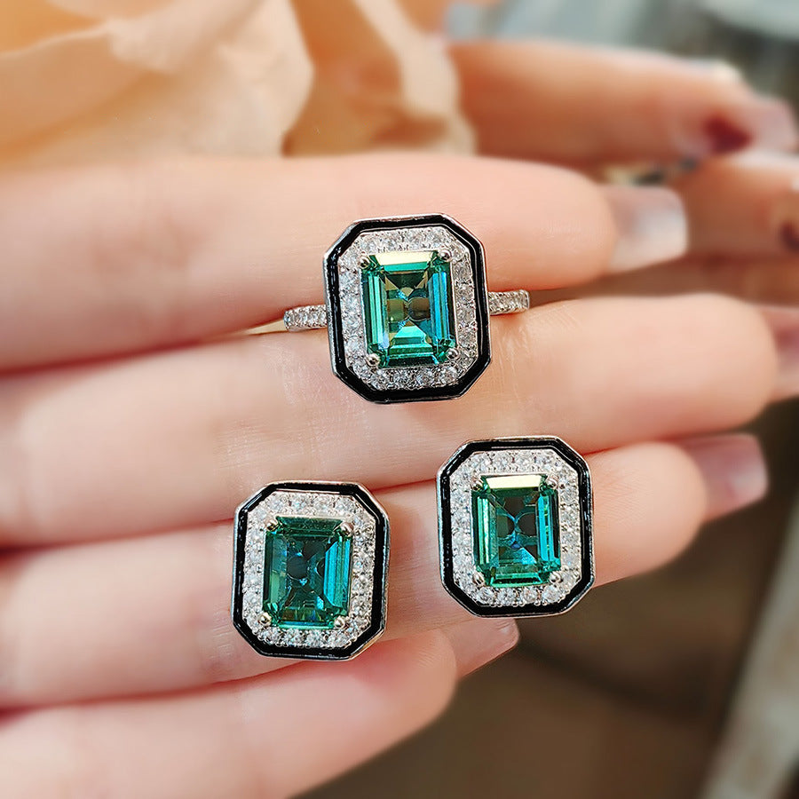 Emerald Green Black Silver Cubic Zirconia Anti Tarnish Pendant Chain Earring Ring Set For Women