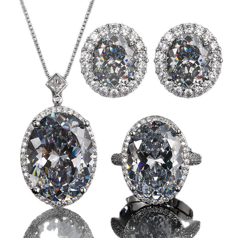 Black Elegant Oval Cut Silver Plated CZ Copper Necklace Combo Set Bulk