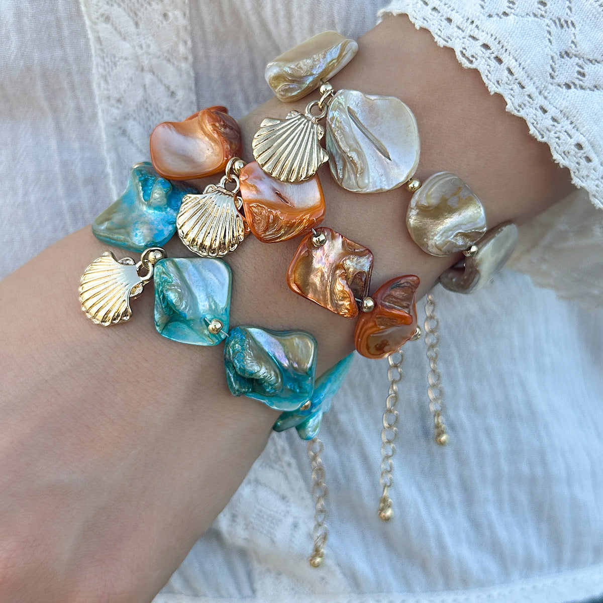 Shell Multi Gemstone Beads 18K Gold Anti Tarnish Bracelet Women Bulk