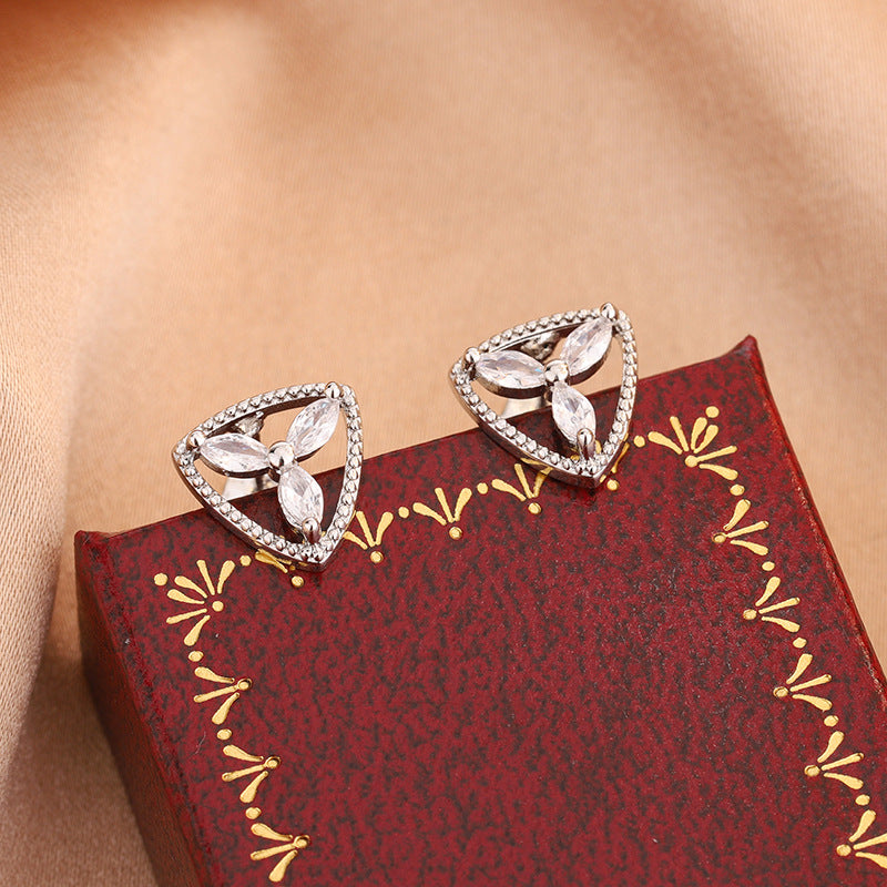 Silver Triangle Floral Cubic Zirconia Copper Stud Earrings For Women Bulk