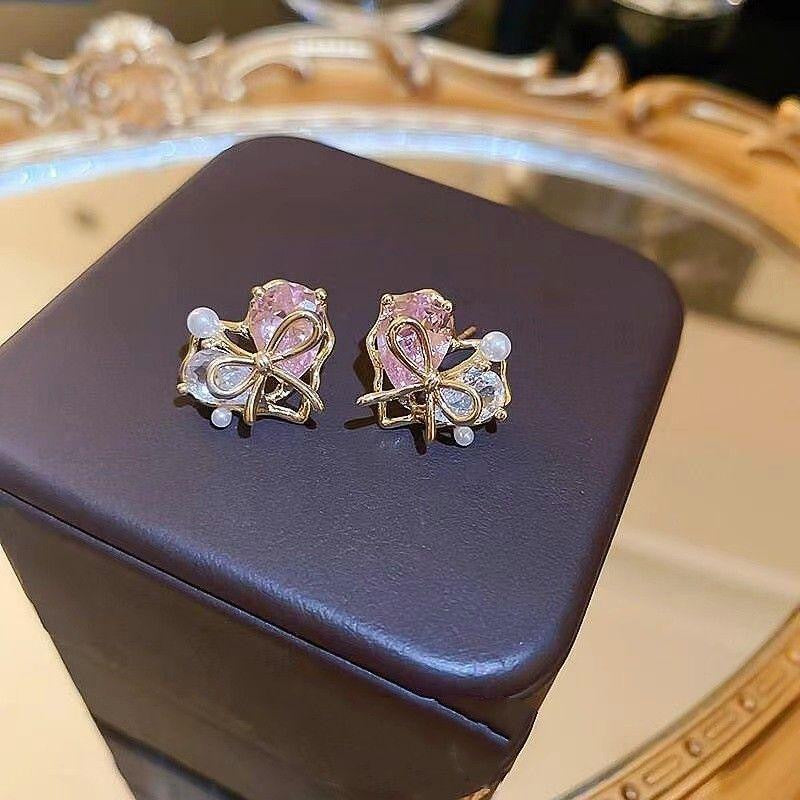 White Pink Heart Bow Gold Pearl Cubic Zirconia Stud Earrings Women Bulk
