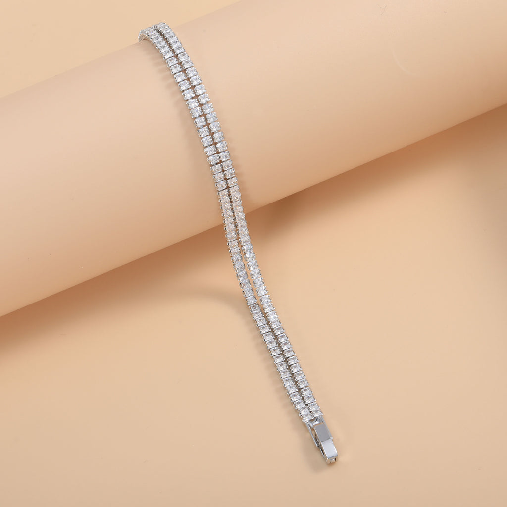 Bulk Luxury Double Line Round Cut Gold Silver Plated CZ Copper Bracelet