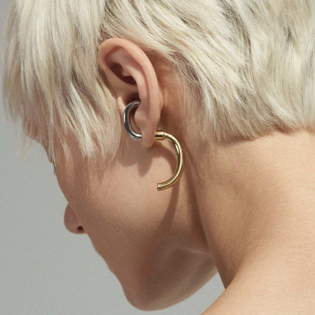 Open C-Hoop Dual Tone Gold Silver Stainless Steel Stud Earrings Bulk