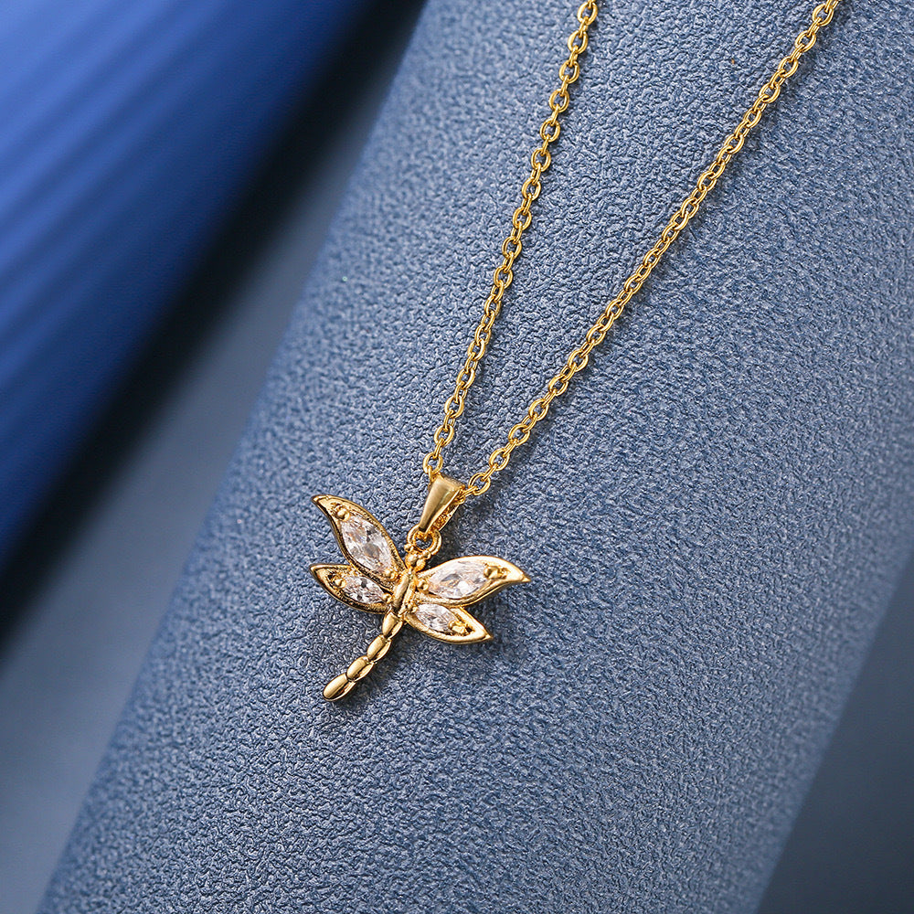Dragonfly Cubic Zirconia 18K Gold Stainless Steel Anti Tarnish Necklace Pendant Chain For Women Main image