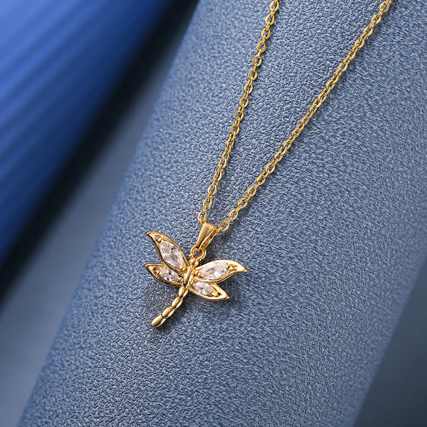 Dragonfly Cubic Zirconia 18K Gold Stainless Steel Anti Tarnish Necklace Pendant Chain For Women Main image